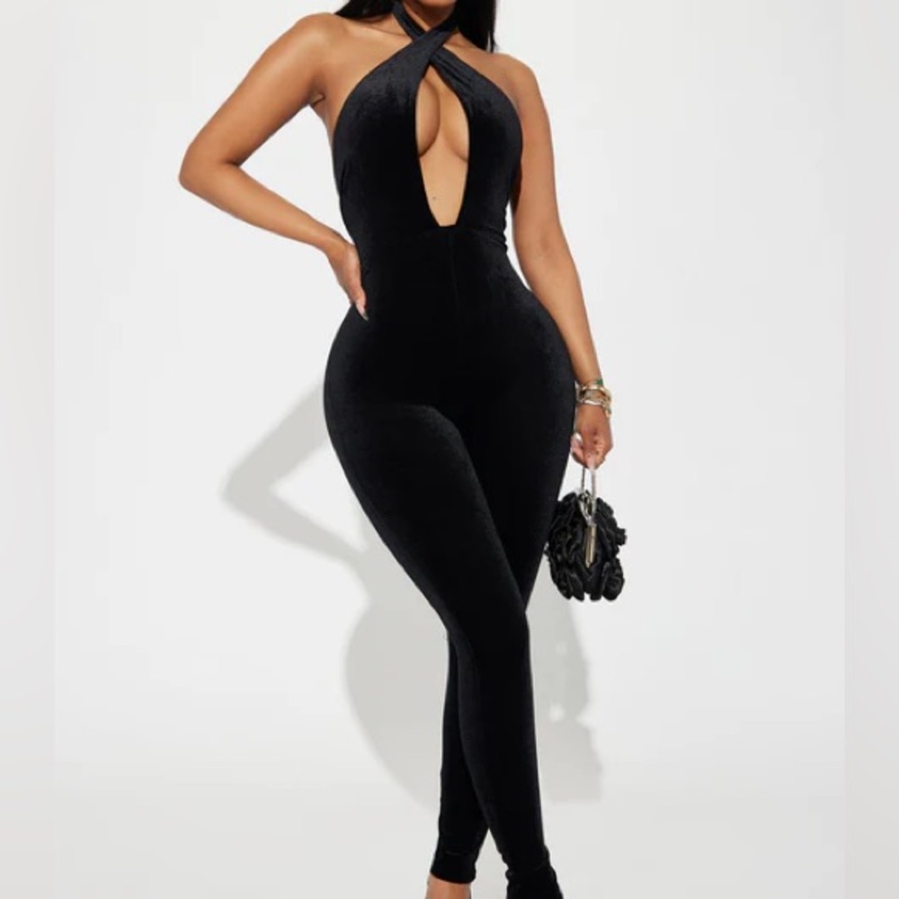 Black Halter Neck Plunge Jumpsuit